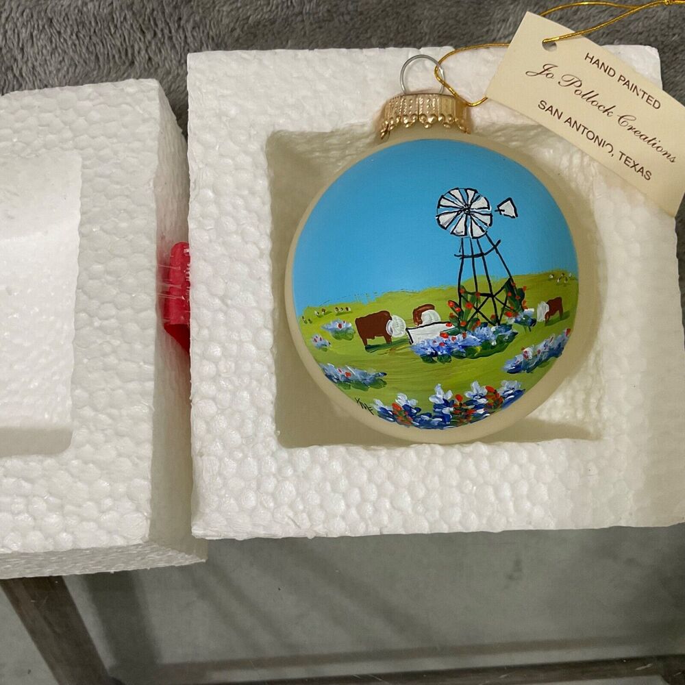 Jo Pollock Hand-Painted signed Glass Christmas Ornament Limited Ed. 45/500 Cows